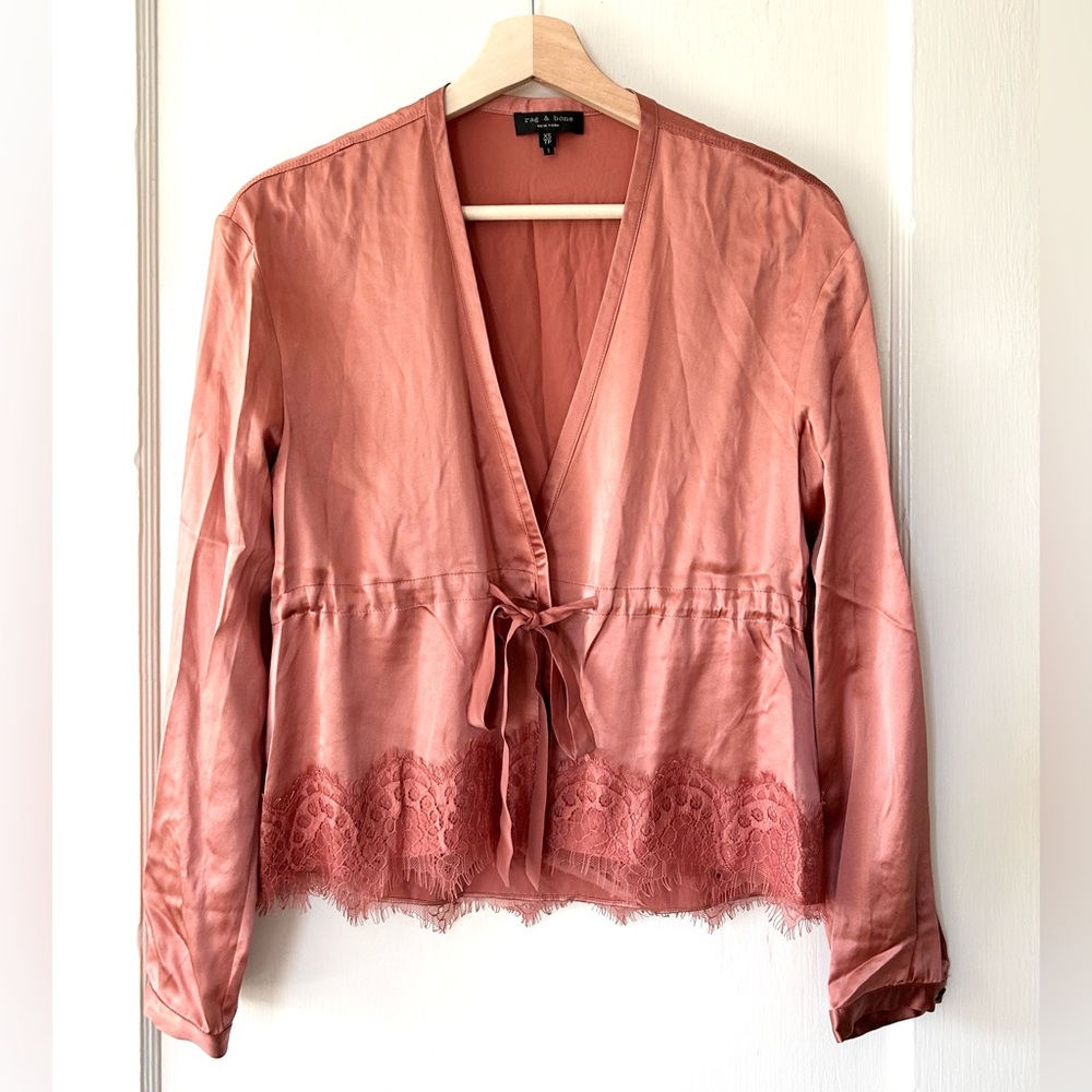 Rag & Bone Tomlin Silk V-Neck Long-Sleeve Wrap Shirt Dusty Pink‎ XS